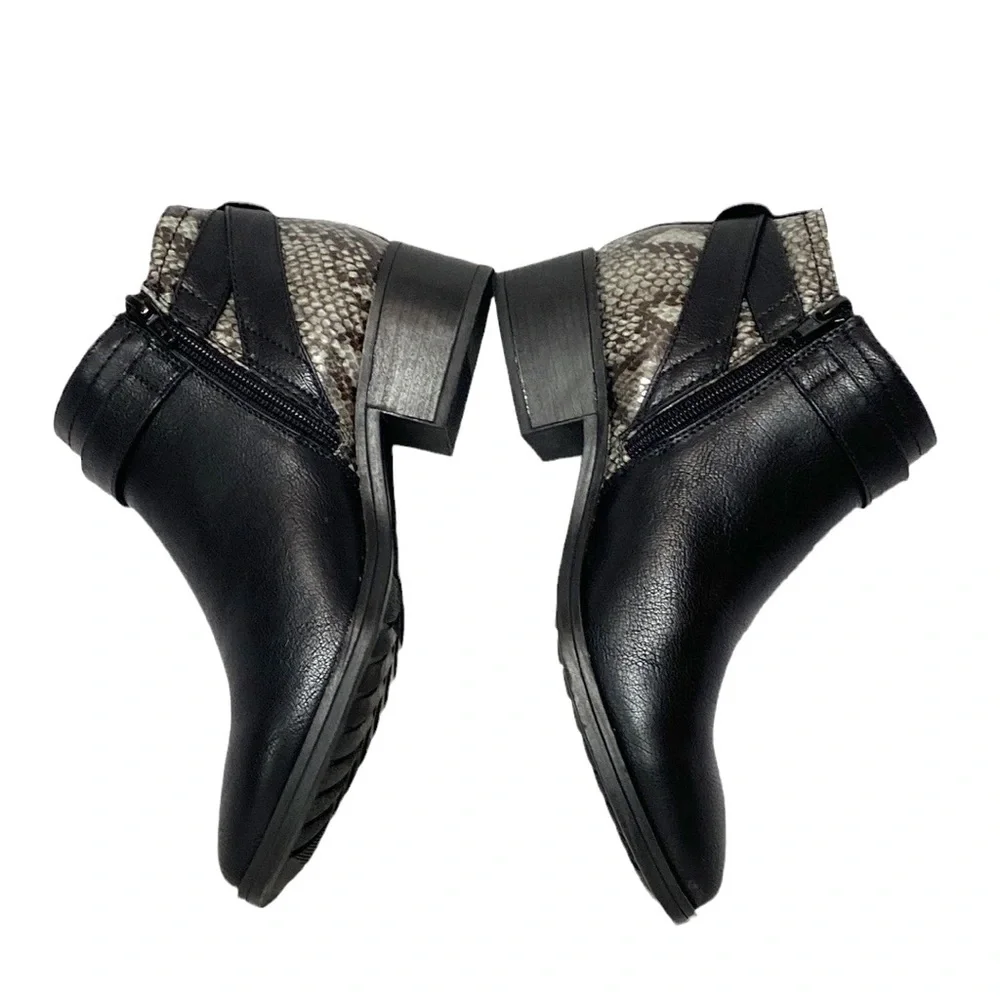 Black Vegan Animal Print Zip-Up Buckle Ankle Boot 6.5
